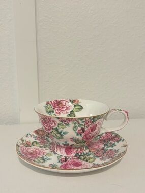 Vintage Edwardian Pink Rose and Hawthorn Romantic Chintz Teacup and Saucer.